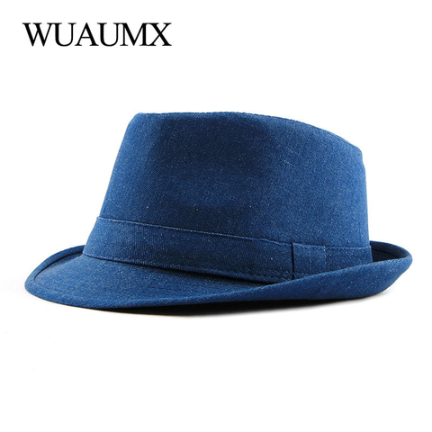 Wuaumx Spring Summer Men's Hat Solid Fedoras Hat For Men Women Retro Denim Bowler Hats Gentleman Jazz Caps Adult Classic Fedoras ► Photo 1/6