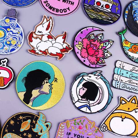 Kawaii Cartoon/Cat Patch Van Gogh Embroidered Patches For Clothing Spirited Away Moon Sticker Iron On Patches For Clothes Custom ► Photo 1/6