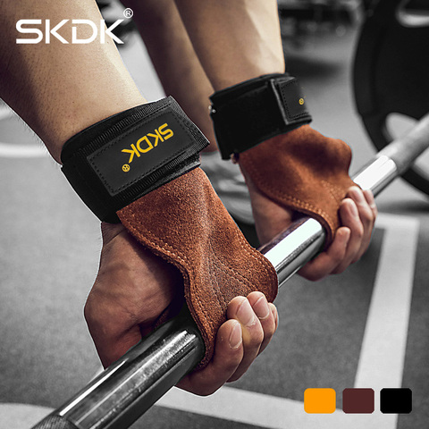 SKDK Grips Cowhide Weight Lifting Gloves Gym Fitness Grip Pads Wrist Wraps Support Crossfit Deadlifts Training Gloves ► Photo 1/6
