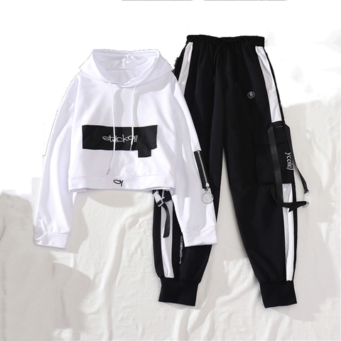2022 Spring Autumn Female Streetwear Cargo Pants Loose High Waist Joggers Women 2 Piece Long Sleeve Top With Casual Trousers ► Photo 1/6