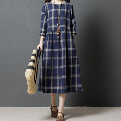 Johnature Autumn Winter Korean Loose Fashion O-neck Pockets Plaid Long Sleeve Dress 2022 New Simple Comfortable Women Dresses ► Photo 1/6