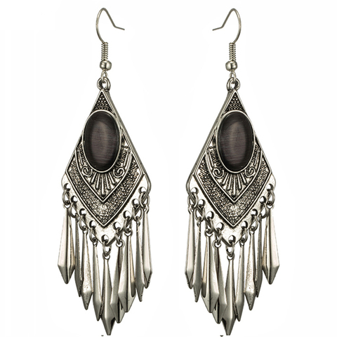 New black cat's eye stone earrings for women Bohemia metal leaves leaf long tassel earring Boho vintage earing bijoux jewelry ► Photo 1/6