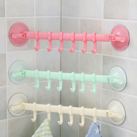 Wall-mounted Kitchen Hooks Suction Cup 6 Hooks Strong Adhesive Hook Bathroom Corner Nail-free Seamless Rack Hanger Hook Shelves ► Photo 1/6