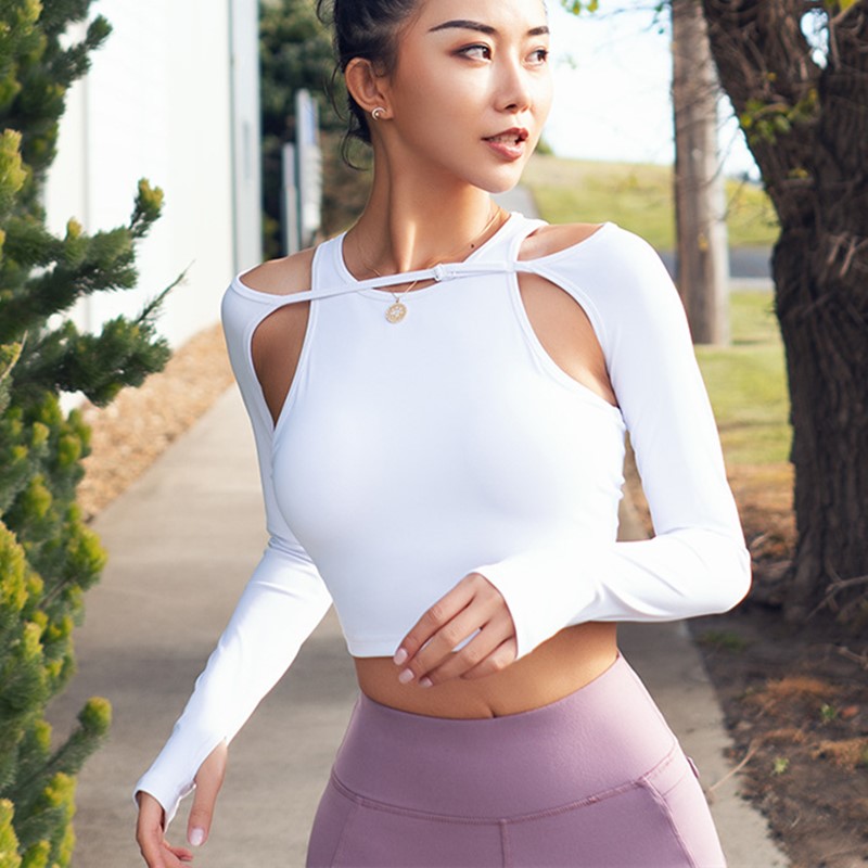 Women Long Sleeve Running Shirts Sexy Exposed Navel Yoga T-shirts