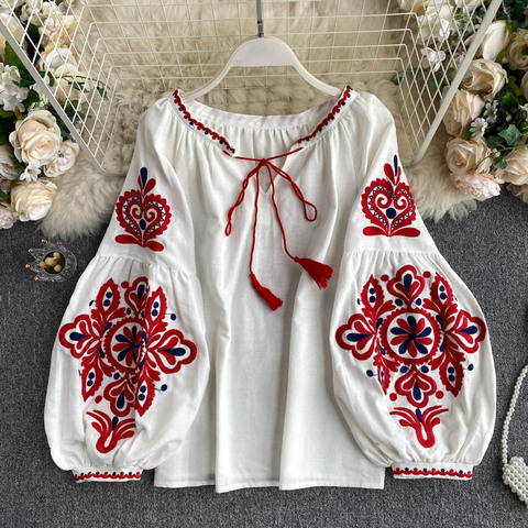 Women's Retro Blouse National Style Embroidered Lace-Up Tassel V-Neck Lantern Sleeve Tops Loose All-Match Female Blusa GK536 ► Photo 1/6