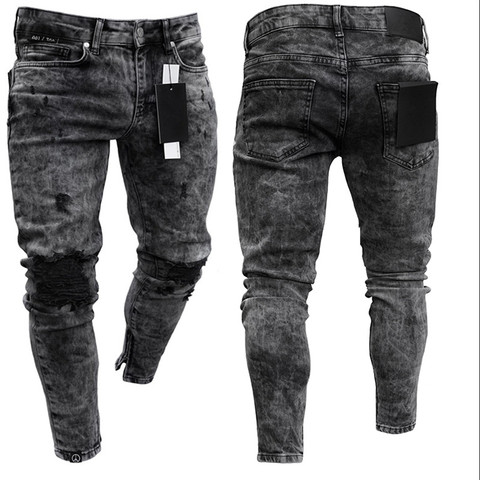 Biker Jeans Men's Distressed Stretch Ripped Biker Jeans Men Hip Hop Slim Fit Holes Punk Jeans Zipper Pure Color Denim Pants ► Photo 1/6