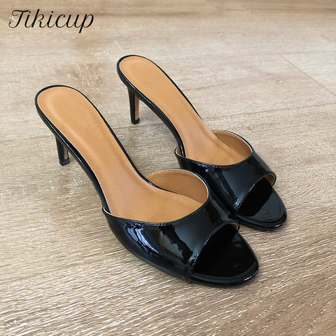 Tikicup Patent Black Women 8 CM High Heel Slide Sandals Summer Ladies Open Peep Toe Mules Shoes Chic Stlilettos Pumps ► Photo 1/1