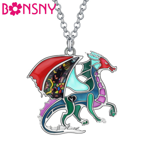 Bonsny Floral Enamel Alloy Dinosaur Dragon Necklace Lovely Animal Pendant Jewelry For Women Kids Novelty Birthday Gift Charms ► Photo 1/6