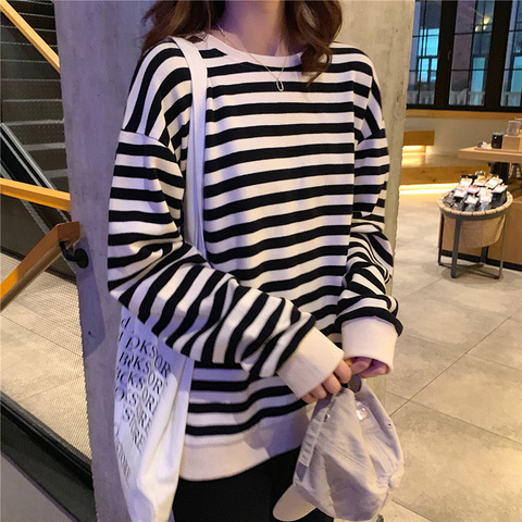 autumn new cotton Oversize Hoodies Women O-Neck stripe Leisure Simple Korean Pullovers femme Kpop black thin Sweatshirts Clothes ► Photo 1/6