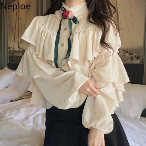 Neploe Chic Elegant Ruffles Lantern Long Sleeve Chiffon Shirt Stand Lace Up Bow Button Blusas Autumn Spring 2022 New Blouse47436 ► Photo 1/6