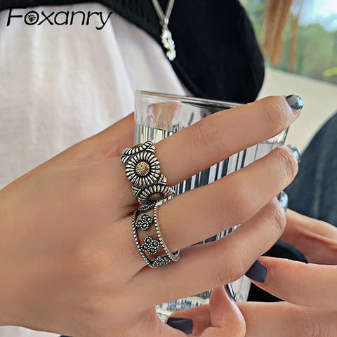 Foxanry INS Fashion 925 Sterling Silver Daisy Rings for Women Vintage Handmade Creative Hollow Geometric Punk Party Jewelry Gift ► Photo 1/6