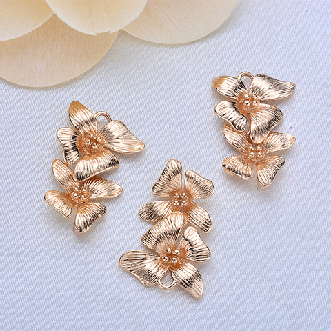 4PCS 24x15MM 24K Champagne Gold Color Plated Brass Double Flower Charms Pendants High Quality Diy Jewelry Accessories ► Photo 1/6