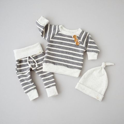 2022 Winter New Baby Boy 3 Piece Clothes Set Long Sleeve Striped Buttons Sweatshirt Top and Pant with Hat Outfits Clothing Sets ► Photo 1/5