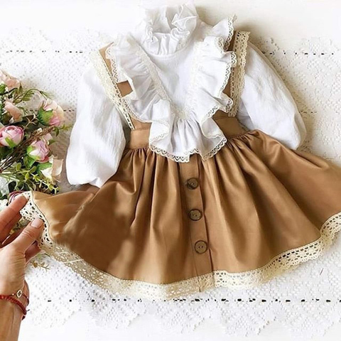 Autumn Toddler Kids Baby Girls Clothes Sets 1-6Y Ruffles Lace Long Sleeve Pullover T Shirts Tops Bib Strap Dress ► Photo 1/6