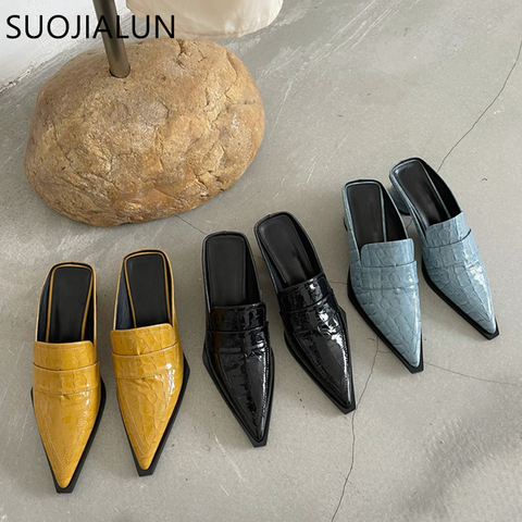 SUOJIALUN 2022 Spring Women Slipper Square Med Heel Slip On Mules Pointed Toe Stone Pattern Sandal Female Casual Slides Shoes ► Photo 1/6