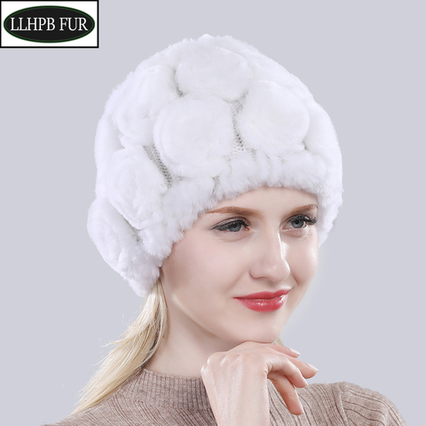 Hot Sell Female Winter Floral 100% Genuine Rex Rabbit Fur Skullies Hats Lady Knit Real Fur Caps Women Natural Fur Beanies Hat ► Photo 1/6