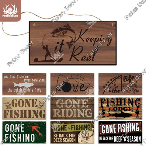 Putuo Decor Fishing Signs Decorative Plaques Wooden Plaques Signs for Living Home Door Decor Lake House Decoration Fish Finder ► Photo 1/6