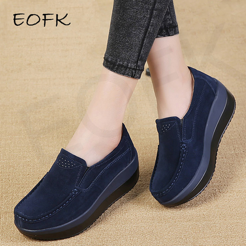 EOFK Spring Autumn Women Flats Platform Loafers Ladies Blue Genuine Leather Comfortable Soft Moccasins Fall Slip-on Casual Shoes ► Photo 1/6