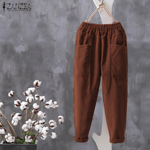 Women's Corduroy Harem Pants Solid Cropped Trousers ZANZEA 2022 Elastic Waist Long Pantalon Female Casual Palazzo Oversized ► Photo 1/6