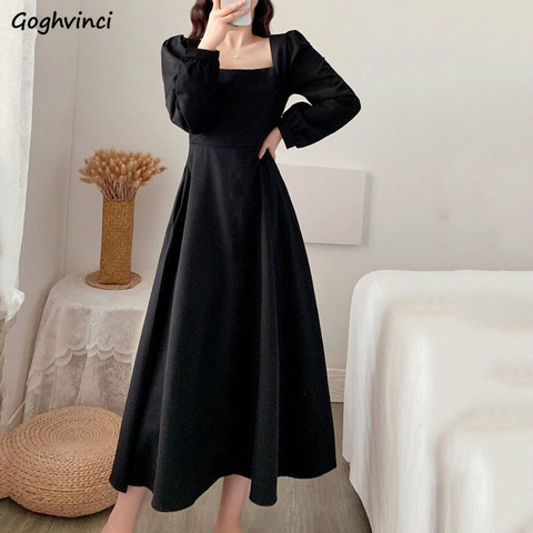 Long Dress Women Solid Elegant French Style Ladies Square Collar Puff Sleeve Drape Dresses High Waist Simple Party Vestidos Chic ► Photo 1/6