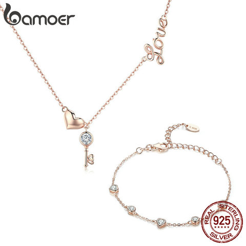 BAMOER 925 Sterling Silver Key Lock of Love Gold Color Necklaces Bracelets Jewelry Sets Wedding Authentic Silver Jewelry Set ► Photo 1/6