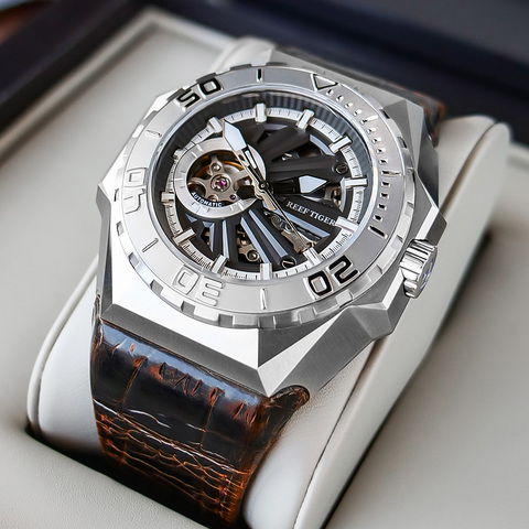 Reef Tiger/RT Men Sports Watches Skeleton Steel Automatic Mechanical Military Watches Leather Strap Relogio Masculino RGA6903-S ► Photo 1/1