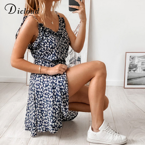 DICLOUD Floral Mini Sundresses Summer 2022 Women Spaghetti Strap Sleeveless Ruffle Beach Dress Sexy Backless Ladies Clothing ► Photo 1/6