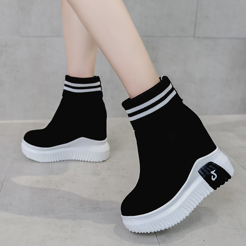 Sock Boots Woman Hided Wedge Platform Female Casual Shoes 2022 Autumn New Wedge Lady Knitting Short Ankle Boots Platform 11 CM ► Photo 1/4