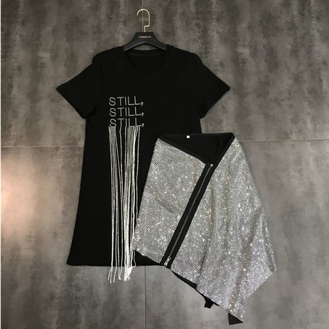 2022 Spring Summer New Water Drill Chain Short Sleeve Tassel T Shirt + Hot Drill Zipper Skew Skirt Fashion 2 Piece Skirt Suits ► Photo 1/6