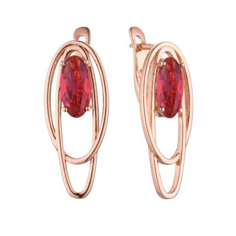 FJ Womens 585 Rose Gold Color Double Oval Red/Light Blue Stone Drop Earrings ► Photo 1/6