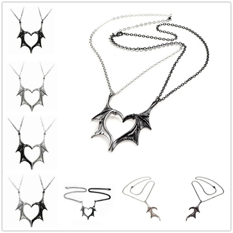 2Pcs Personality Punk Heart Wing Necklace Lovers Vinatge Bat Wing Heart Couples Pendant Necklace Set Fashion Jewerly ► Photo 1/6