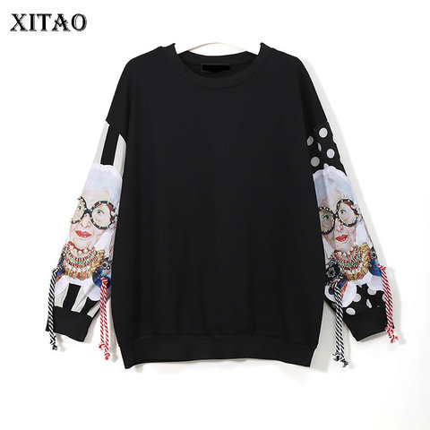 XITAO Black Long Sleeve Sweatshirts Women Patchwork Print Tassel Pullover Harajuku Hoodie Pullover Women Clothes New XWW2734 ► Photo 1/6