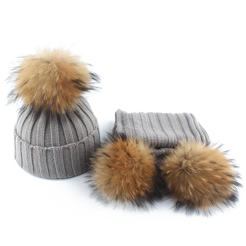 2022 Fashion Children Winter Big Fur Pompom Hats Baby Knitted Warm