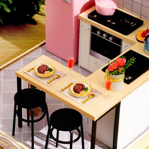 1:24 Wooden Dollhouse Miniatures DIY Kitchen Kit with Dust Cover & LED Light ► Photo 1/6
