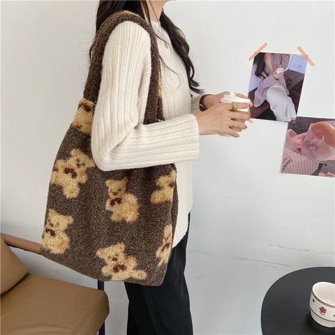 2022 Fall Winter Shoulder Bag Warm Plush Cloth Fabric Handbag Soft Canvas Tote Large Capacity Cute Bear Book Bags For Ladies ► Photo 1/6
