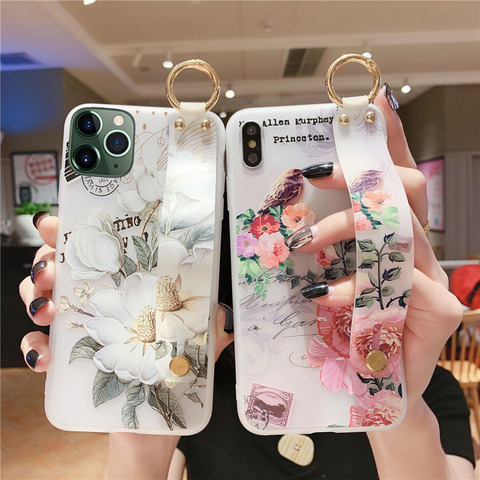 For iPhone XR Xs 12 11 Pro Max Soft Flower Pattern Phone Holder Case for iPhone 7 Plus 6 5 SE 8 Silicon Floral Wrist Strap Case ► Photo 1/6