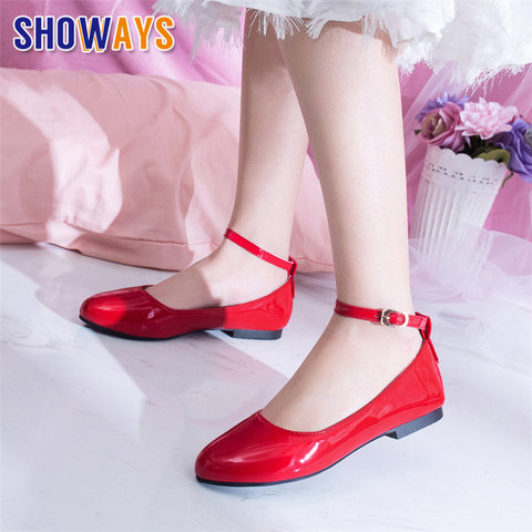 Big Size Spring Women Flat Red Pink Patent Leather Round Toe Low Square Heel Ballet Casual Party Office Ladies Ankle Strap Shoes ► Photo 1/6