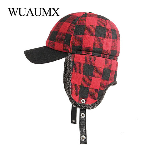 Wuaumx Winter Bomber Hats Men Thicken Russian Trapper Hat Earflap Baseball cap Red Black Plaid Windproof Bomber Hat For Women ► Photo 1/6