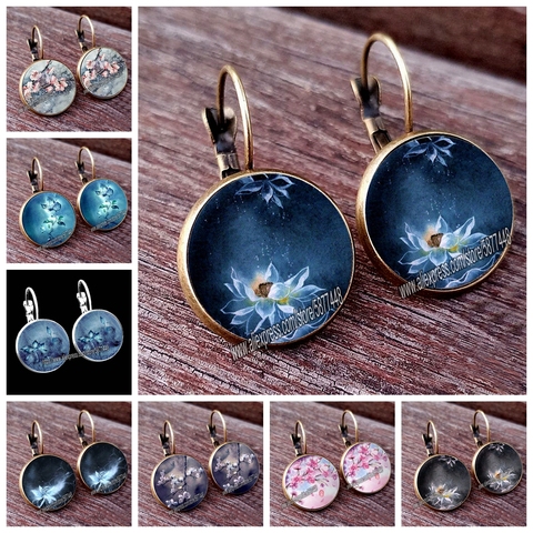 Retro Handmade Lotus Fower Women Pattern Glass Cabochon Stud Earring Blossom Flower Earring for Woman and Girl ► Photo 1/6