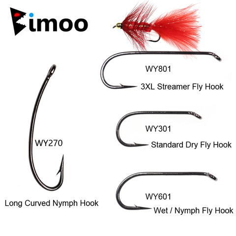 Bimoo 30pcs Black Nickel Hight Carbon Steel Barbed Fly Tying Hooks Long Nymph Streamer Dry Wet Fly Hooks for Trout Bass Fishing ► Photo 1/6