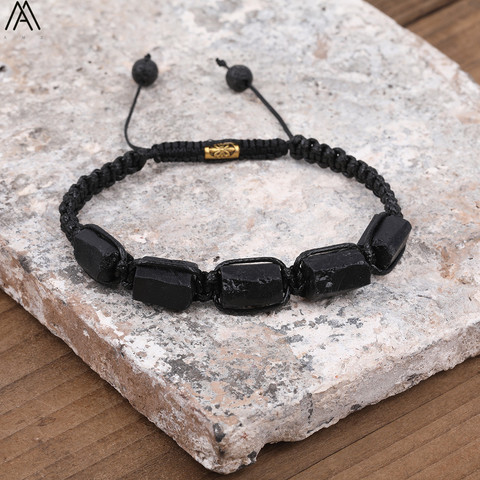 Natural Black Tourmaline Nugget Beads Knotted Handmade Woven Bracelet Women Stone Beads Braid Bracelet Adjustable N0456AMI ► Photo 1/3