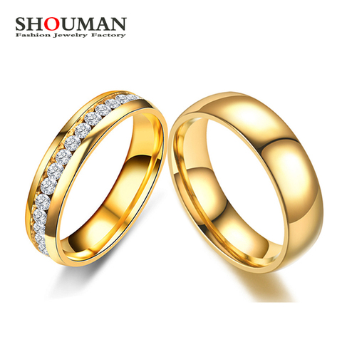SHOUMAN Gold Color Lover Crystal Stainless Steel Rings for Men Women Wedding Band Custom Engrave Name Charm Gift ► Photo 1/6