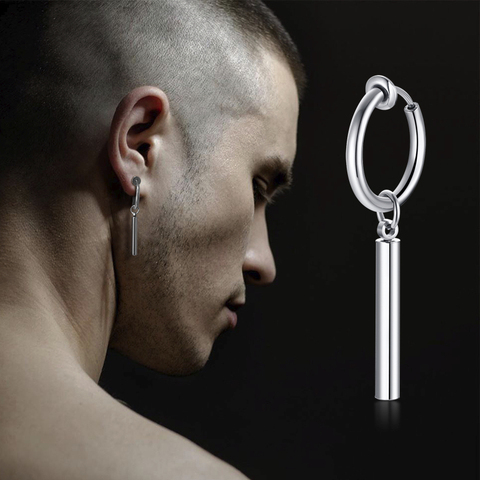 MEN BAR EARRING STAINLESS STEEL STICK HUGGIE EARRINGS ONCH HOOP FOR MEN BOY JEWELRY ► Photo 1/5