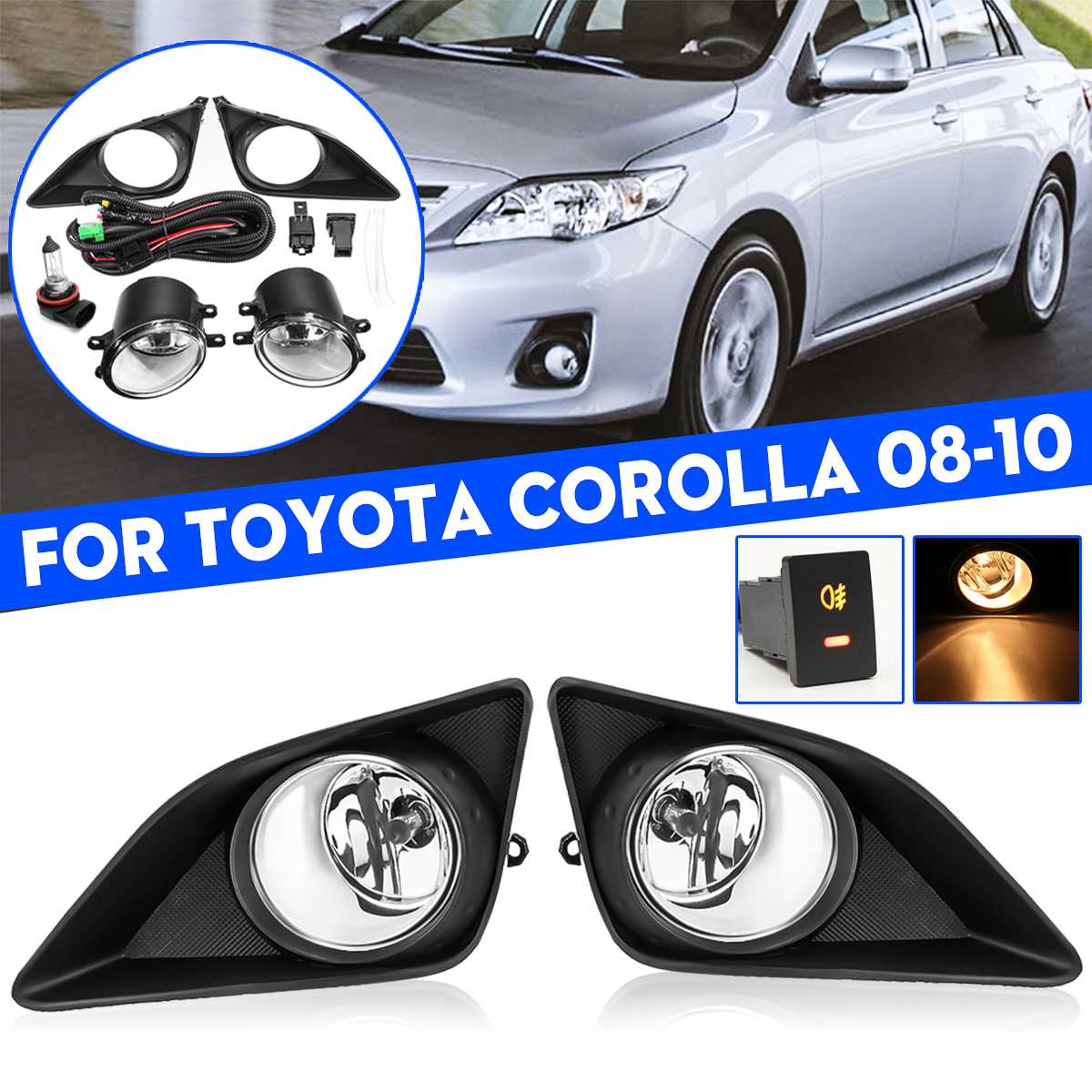 Pair Front Bumper Foglight w/ Covers+Switch H11 Bulbs For Toyota Corolla 2008 2009 2010 Fog Lamps cover headlight Wiring Harness ► Photo 1/6