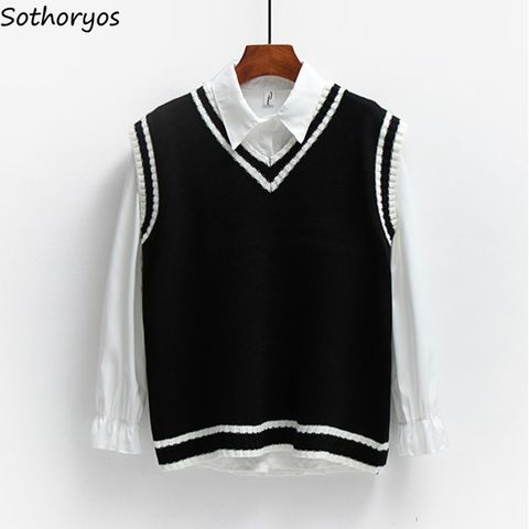 Sweater Vest Women Striped Japanese-style Sleeveless V-neck All-match Loose Casual Preppy-style Lovely Students Fashion Ulzzang ► Photo 1/6