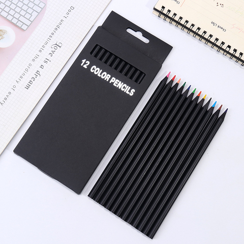 12 Pcs/Set Valued Color Pencil Packaging 12 Different Colours Colored Pencils Kawaii School Black Wooden Pencils ► Photo 1/6