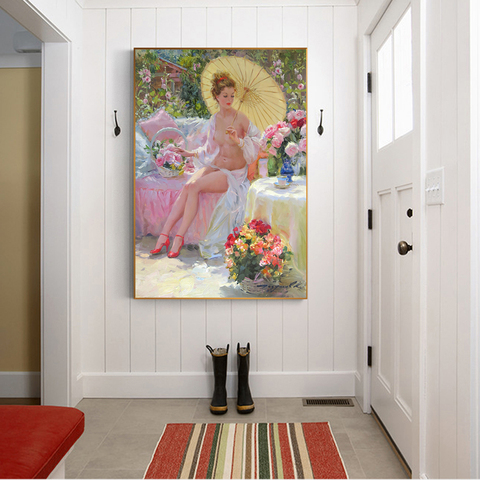 Citon Canvas Oil painting Konstantin Razumov《Nude lady holding umbrella》Art Poster Picture Modern Wall decor Home Decoration ► Photo 1/5