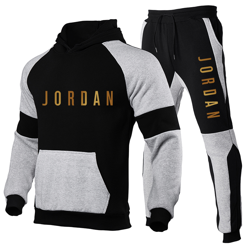 Mens Athletic Tracksuit Set Full Zip Casual Sports Jogging Gym Fashion Patchwork Sports Fitness Hoodies Pants Suit 