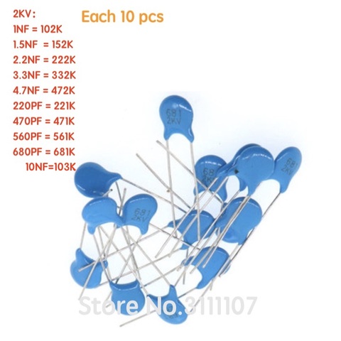 100PCS/LOT Ceramic Capacitors Assortment Assorted Kit High Voltage 2KV 1NF 1.5NF 2.2NF 3.3NF 4.7NF 220PF 470PF 560PF 680PF 10NF ► Photo 1/1