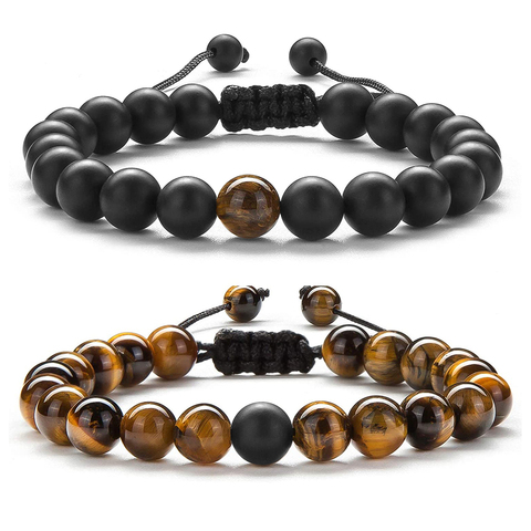 2pcs/set Bead Bracelet Natural Tiger Stone Charm Onyx Beaded Couple Distance Bracelets for Women Men Friend Gift Stretch Jewelry ► Photo 1/6